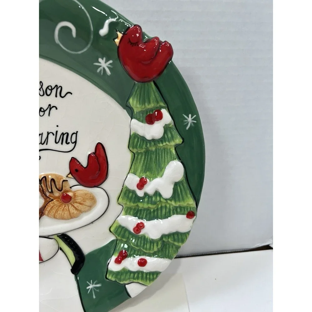 FITZ & FOYD Platter Holly Hat Snowman Christmas Wishes Embossed Cookie Tray